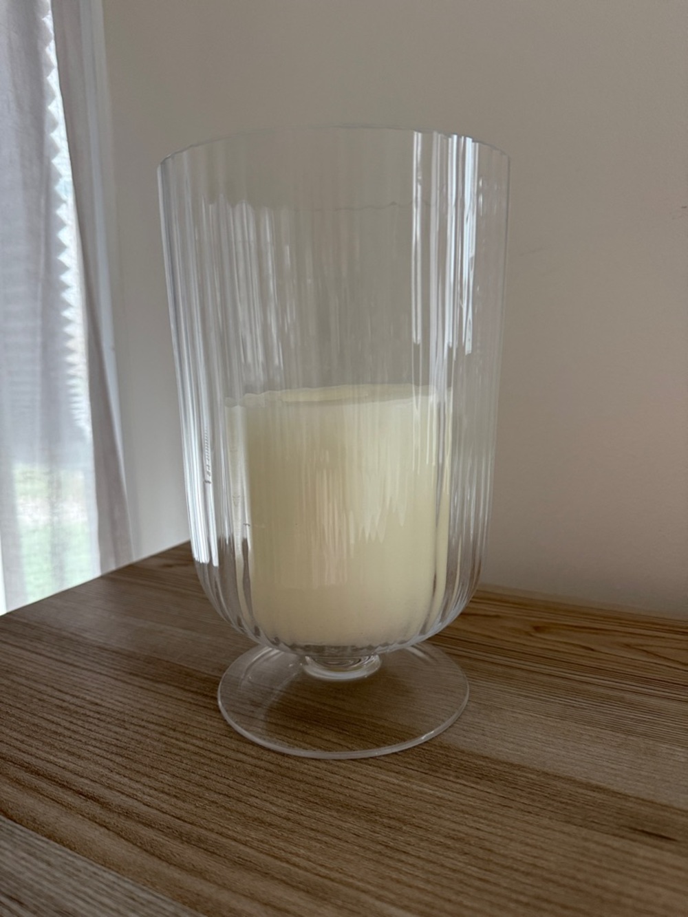 Crate and barrel  Glass Hurricane Candle Holder with Ivory Pillar Candle